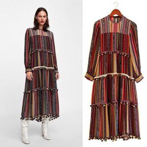 RARE Zara Boho Multicolored Stripe Pom Pom Tiered Maxi Dress Blogger Fav XS